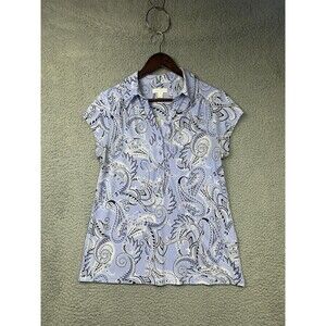 Charter Club Shirt Womens Medium Blue Paisley Button Front Stretch Top